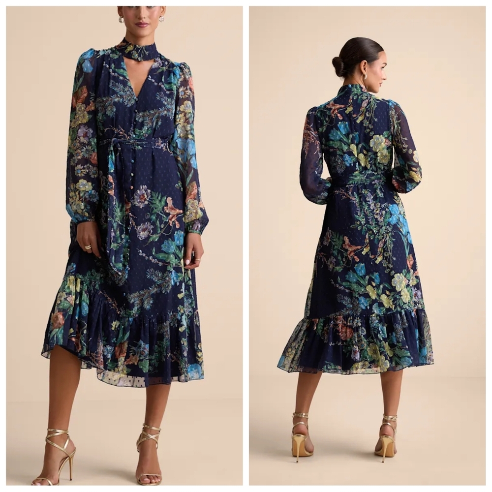 Lulus Fallyn Navy Floral Swiss Dot Long Sleeve Tiered Midi Dress | L | NWT